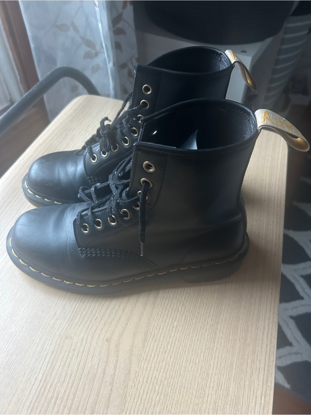 Dr. Martens Black Lace-Up Boots with Yellow Welt Stitching Used in Great Shape